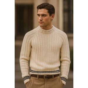 Trader Bay‎ XL Fisherman Sweater Chunky Cotton Ribbed Knit Cream Striped Preppy
